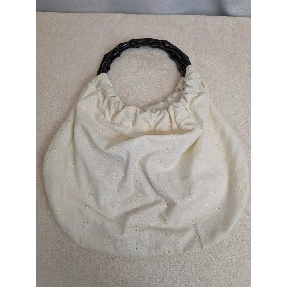 Eyelet Bamboo Handle Hobo Bag Crochet Trim White Boho Chic Summer‎ Shoulder Bag